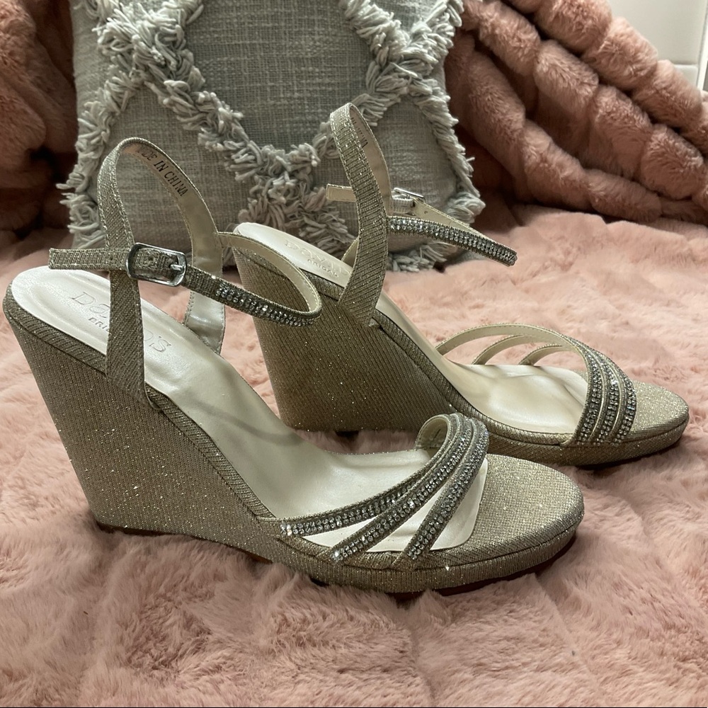 Glitter Metallic Wedges with Embellished Straps COLOR Champagne Size 7